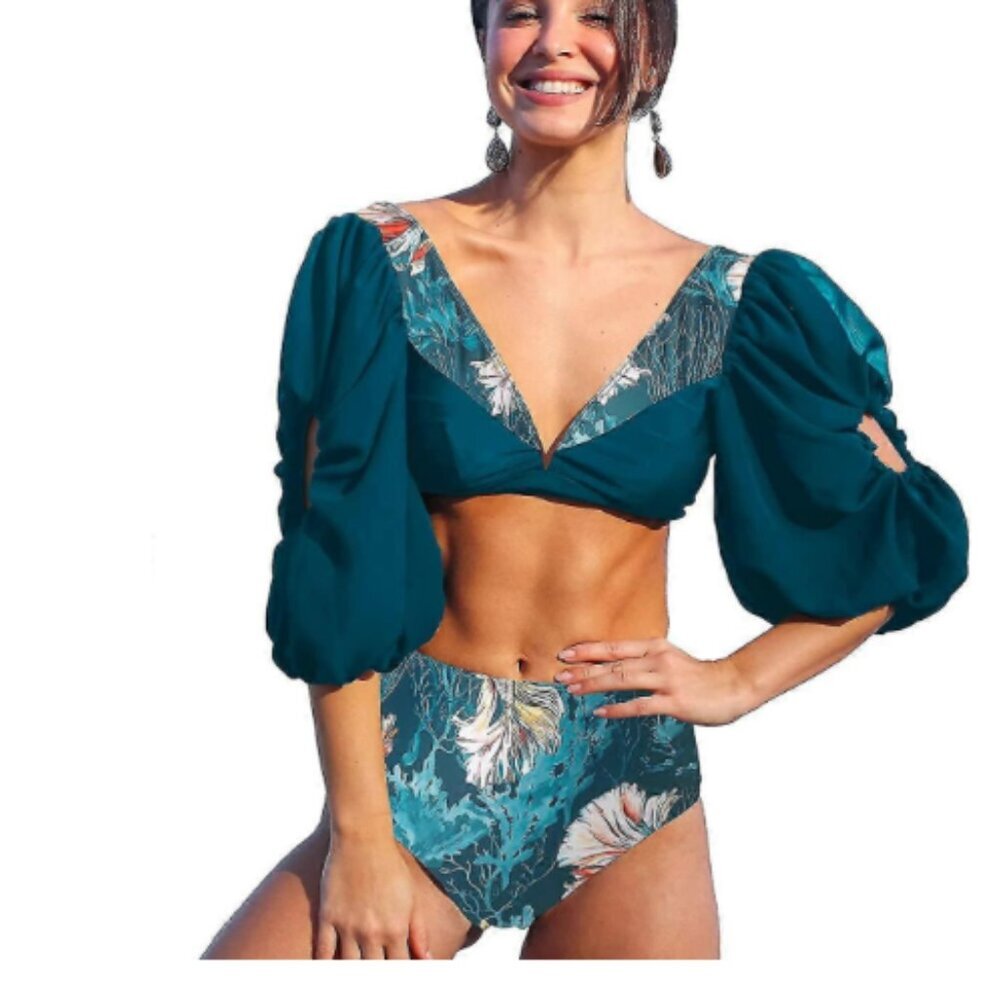 Sporlike Women Ruffle High Waist Swimsuit Two Pieces Push Up Tropical Print